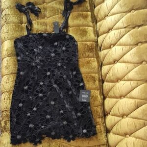 Lulu's Black Lace and Velvet Floral Dress With Satin Bows